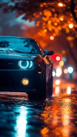 Muscle car headlights slicing through neon rain at night.