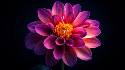 Dahlia with Layered Magenta Petals and Yellow Center Against Black Background.
