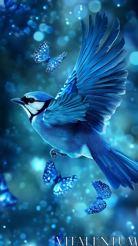 Blue songbird in flight with butterflies on abstract field.