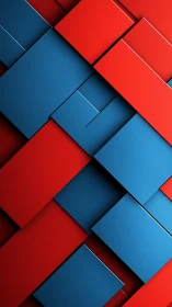 Interlocking red and blue panels form bold geometric grid