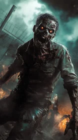 Photorealistic undead horror portrait in cinematic teal-orange lighting.