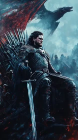 Brooding fantasy king rests on a throne of swords and fire.