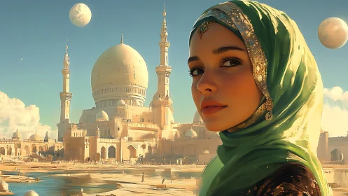 Gentle gaze welcomes a sunlit desert palace of distant moons