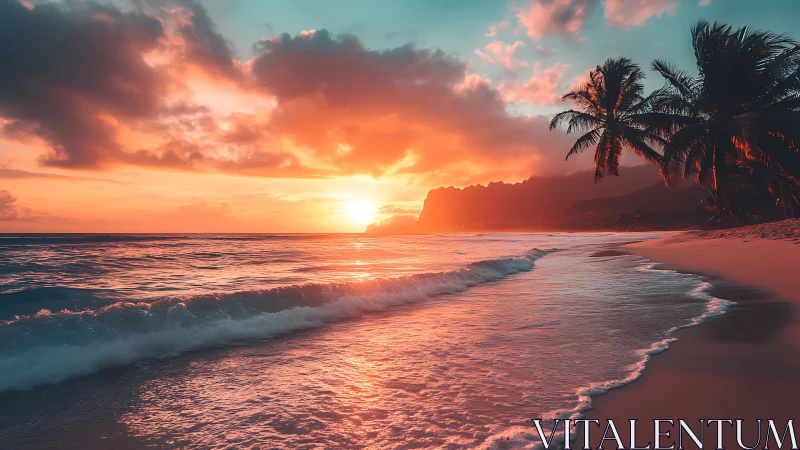 Tropical beach sunset glows over rolling surf and silhouettes