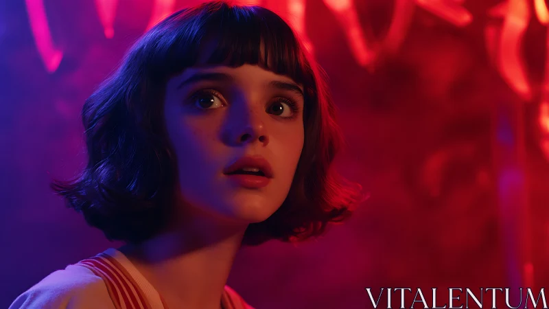 Young woman bathed in neon glow gazes up in quiet awe