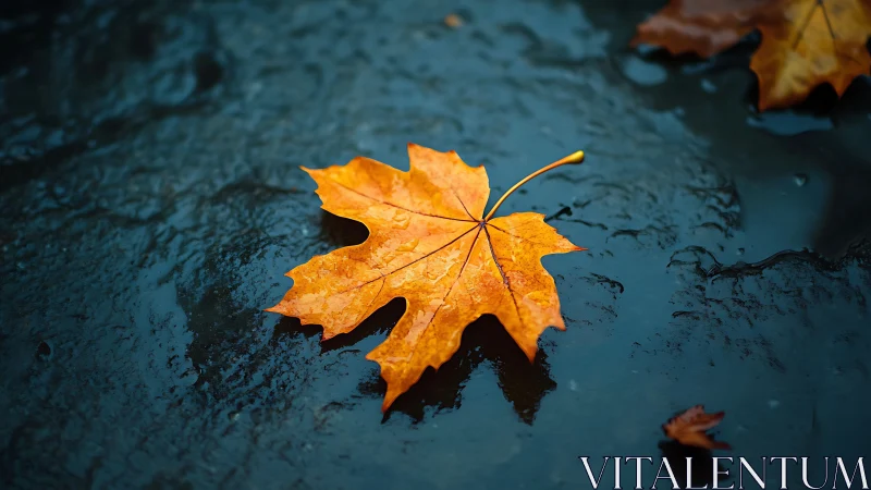 Single golden maple leaf rests on glossy rain-darkened ground