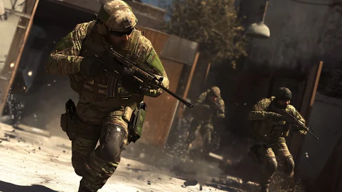 Tactical infantry squad advancing under urban suppressive fire.