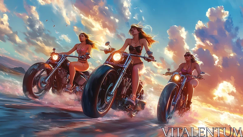 Sunset riders surge across shimmering surf on chrome bikes.