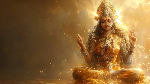 Golden meditative goddess rendered with luminous particle effects