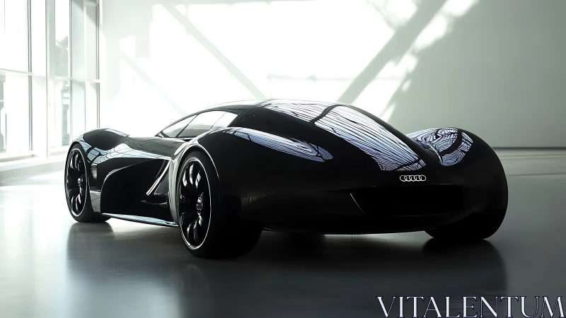 Midnight Audi concept glides through sculpted gallery light.