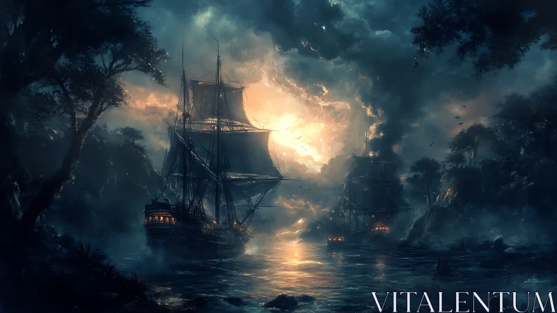 Stormlit galleons navigate misty jungle strait at dusk.