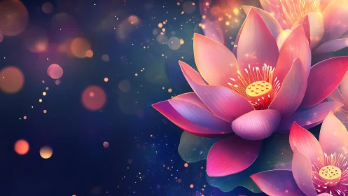 Pink lotus flowers rendered with golden light particles and bokeh