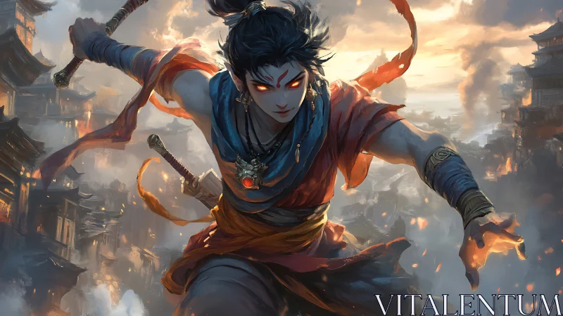 Warrior figure with glowing eyes over burning cityscape.