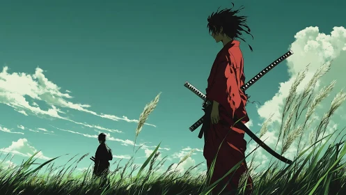 Dual katana samurai silhouettes in windswept grassland under teal sky.