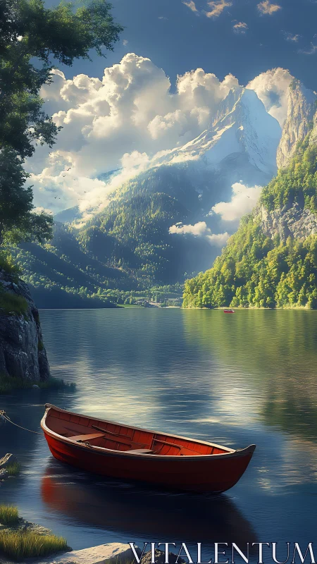 Red wooden rowboat rests on alpine lake beneath sunlit peak