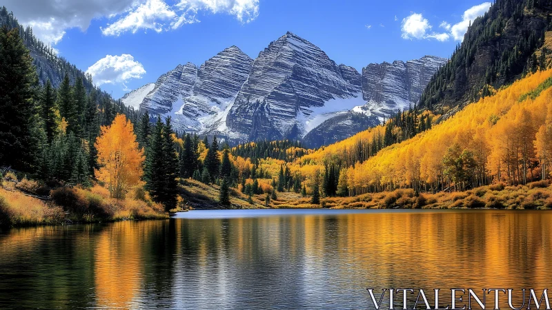 Golden autumn lake beneath snow crowned mountain peaks.