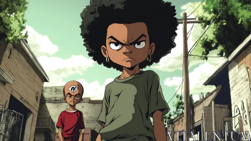 Tough kids stand in run-down alley under bright sky.