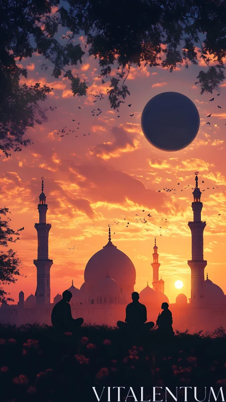Silhouetted figures before domed mosque at vivid sunset.