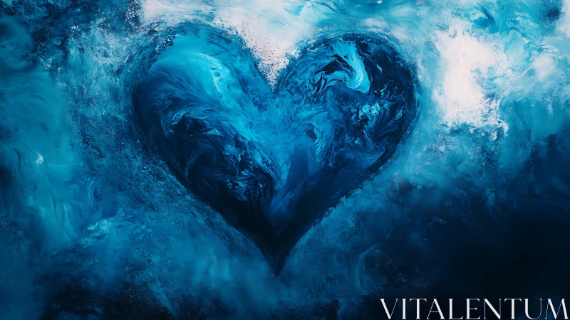 Fluid Heart Form: Abstract Blue Oil Paint Composition.