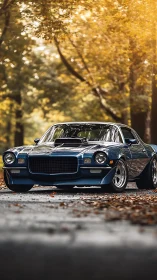 Restored blue muscle car under glowing autumn canopy.