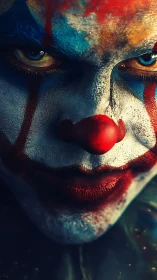 Intense painted clown portrait glows with ominous color.