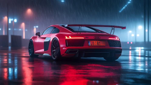 Red Audi supercar rendered in cinematic nocturnal rain scene