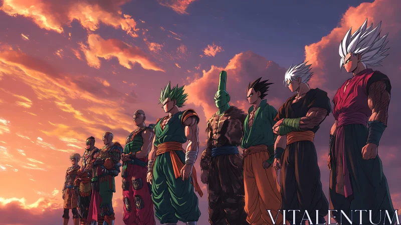 Sunset lineup of stylized warriors under cinematic clouds.