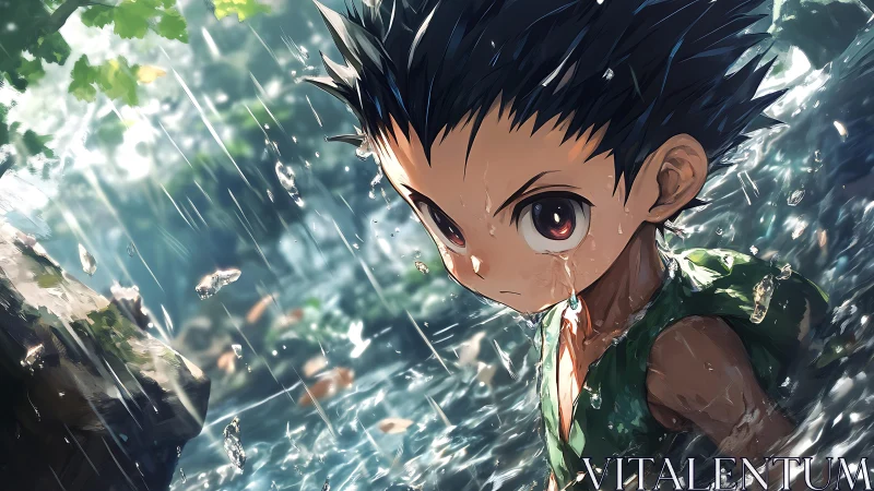 Rain-forged forest hero staring down the storm’s wild heart.