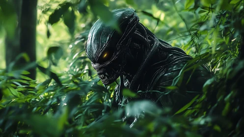 Stalking biomech hunter glows amid emerald jungle shadows.