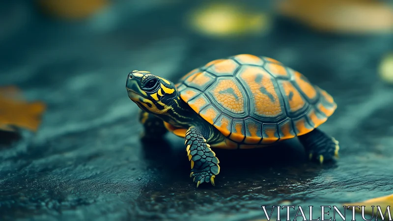 Small turtle on wet surface with orange patterned shell.
