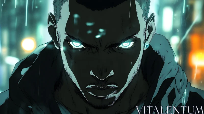 Cyberpunk vigilante glares through neon rainstorm night