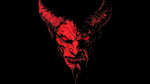 Demonic horned skull illustration in red on black field.