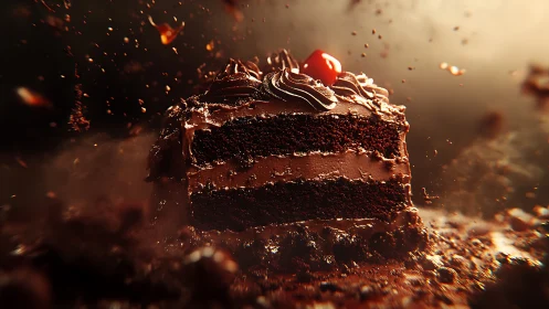 Rich Chocolate Cake Slice with Glamorous Red Cherry Topper