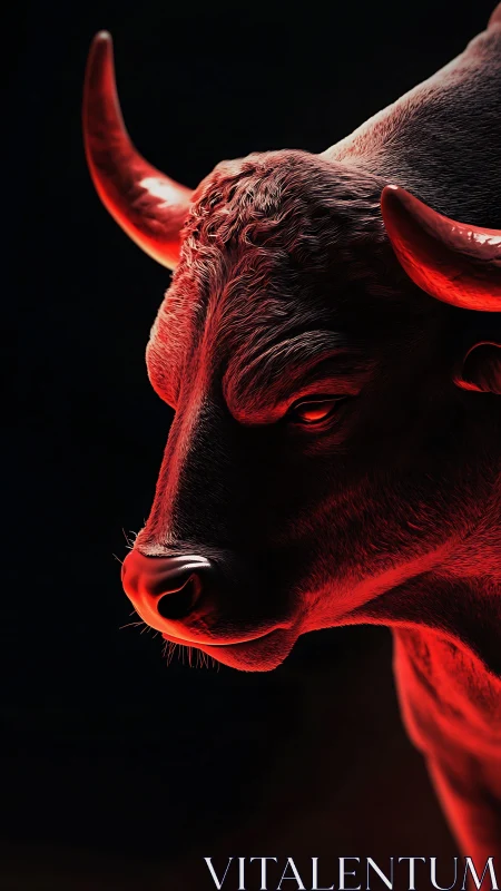 Photorealistic bull portrait in dramatic red rim lighting.