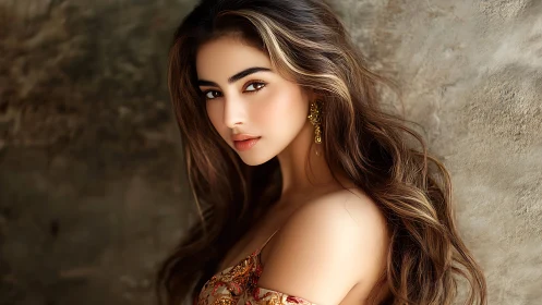 Photorealistic portrait with soft bokeh and textured wall backdrop.