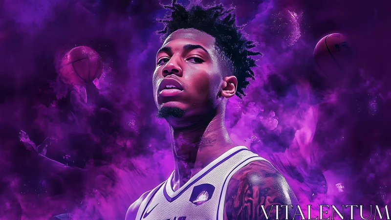 Neon vapor basketball portrait in magenta atmospheric field.