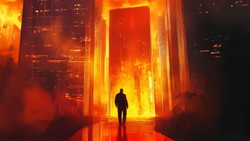 Silhouette Confronts Inferno: Lone Explorer Faces Blazing Portal