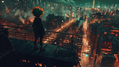 Neon rooftop dreamer watching ember-lit cyber cityscape.