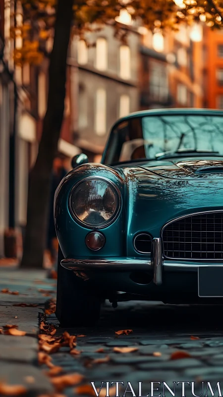 Vintage teal coup&eacute; on autumn street, shallow depth profile.