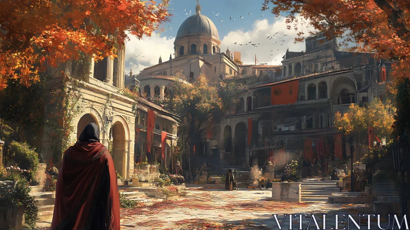 Cloaked traveler enters sunlit autumnal Roman courtyard.