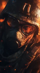 Ash-scarred gasmask sentinel in emberstorm glare.