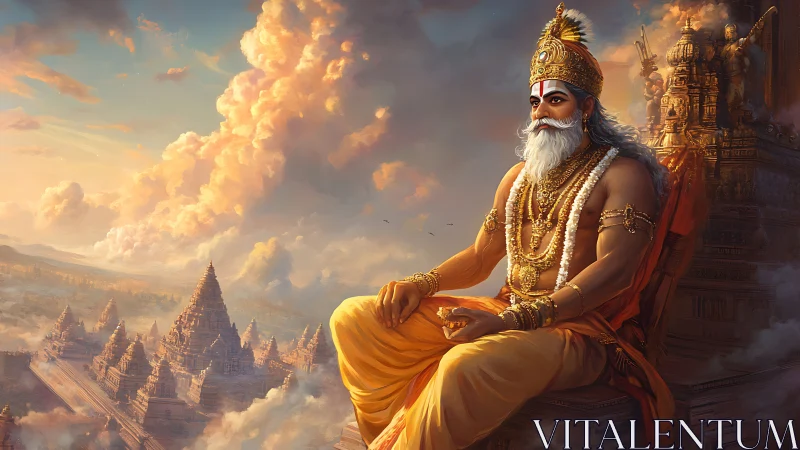 Sunlit sage king above temple clouds and timeless empires.