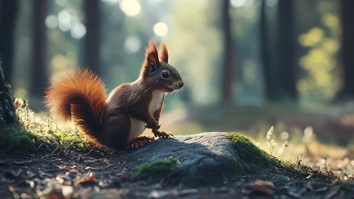 Red squirrel on mossy forest rock in soft morning light, realistic.