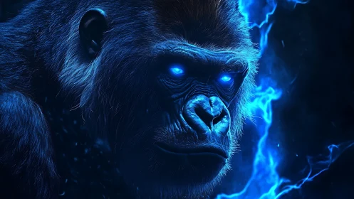 Mystical blue gorilla glowing with stormy electric energy.