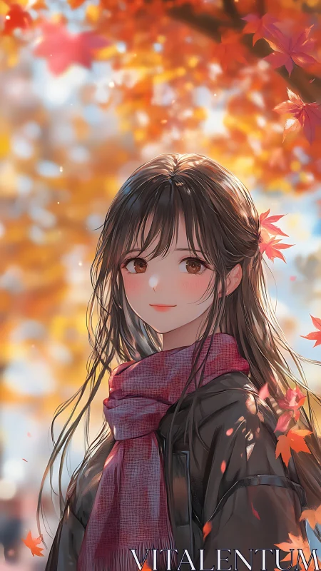 Autumn anime girl in scarf under colorful maple leaves.