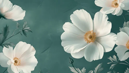 White Cosmos Flowers Against Teal Background