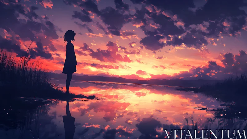 Silhouetted figure at sunset shoreline with mirrored sky reflection.