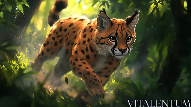 Digitally rendered lynx walking through sunlit forest vegetation.