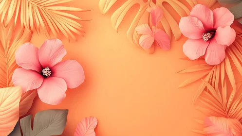 Coral Pink Flowers with Palm Fronds on Orange Background.