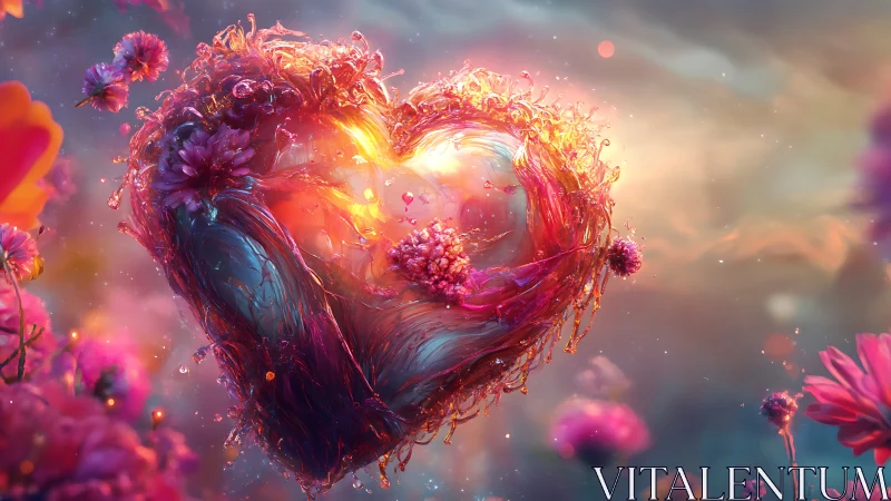 Procedurally Generated Heart Form with Organic Floral Integration and Luminous Energy Emission